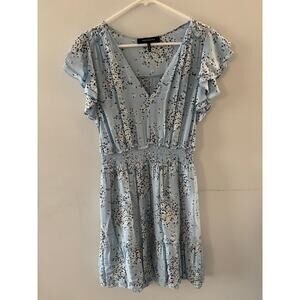 BCBGMaxazria Womens Floral Dress Medium Blue Flutter Sleeve V-neck Spring Fairy